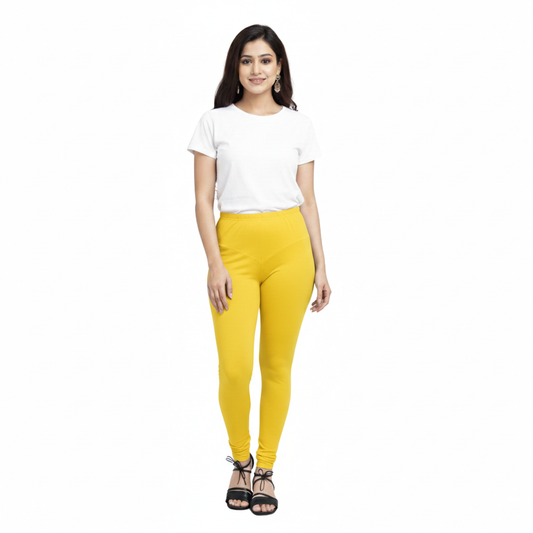 MOON FLY WOMEN 4 WAY STRETCH YELLOW CHURIDAAR LEGGINGS | HIGH RISE ELASTIC WAIST | SOLID FULL LENGTH | DAILY & ETHNIC WEAR
