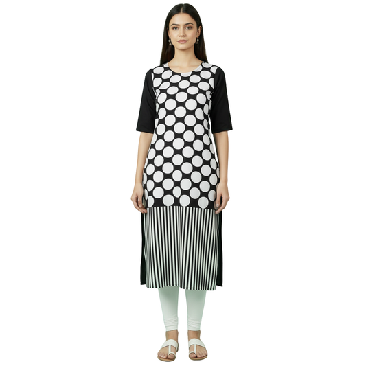MOON FLY WOMEN CREPE PRINTED STRAIGHT KURTI | BLACK AND WHITE POLKA DOT CASUAL DAILY WEAR KURTA | ROUND NECK HALF SLEEVE ETHNIC TOP FOR WOMEN ARTICLE NO WSKD8C1