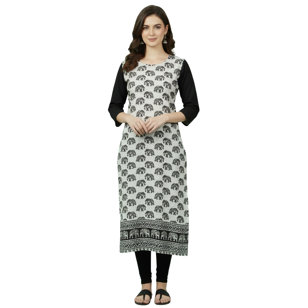 MOON FLY WOMEN CREPE PRINTED STRAIGHT KURTI | ELEPHANT PRINT | ROUND NECK | 3/4TH SLEEVES | CALF LENGTH | CASUAL OFFICE ETHNIC WEAR KURTA FOR WOMEN ARTICLE NO WSKD5C1