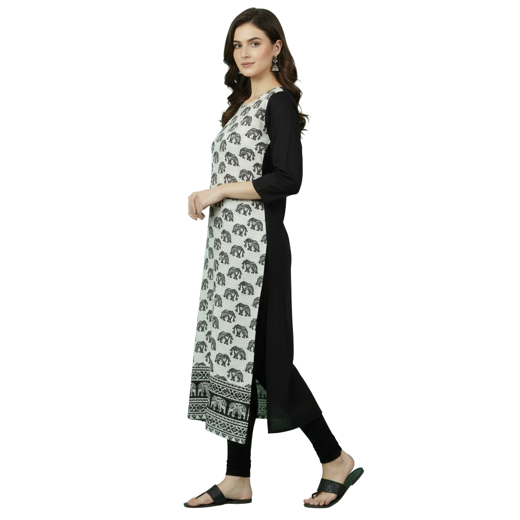 MOON FLY WOMEN CREPE PRINTED STRAIGHT KURTI | ELEPHANT PRINT | ROUND NECK | 3/4TH SLEEVES | CALF LENGTH | CASUAL OFFICE ETHNIC WEAR KURTA FOR WOMEN ARTICLE NO WSKD5C1