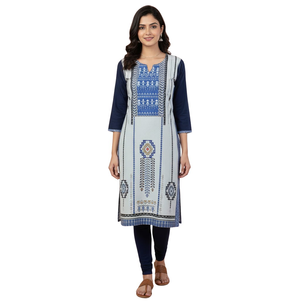 MOON FLY WOMEN CREPE PRINTED STRAIGHT KURTI | ETHNIC CASUAL DAILY WEAR KURTA | THREE QUARTER SLEEVE KNEE LENGTH KURTI FOR WOMEN ARTICLE NO WSKD7C1