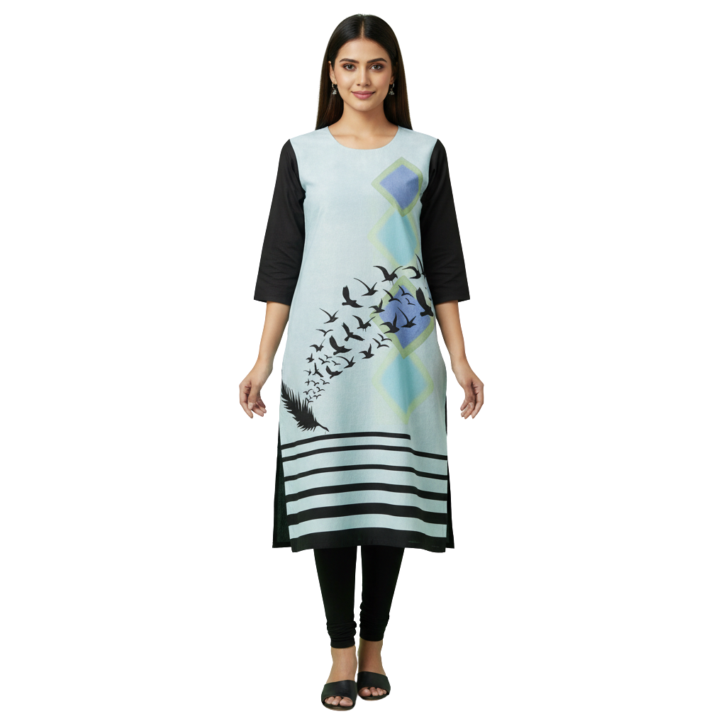 MOON FLY WOMEN CREPE PRINTED STRAIGHT KURTI | ROUND NECK | 3/4 SLEEVES | KNEE LENGTH | CASUAL OFFICE WEAR KURTI FOR WOMEN | LIGHT BLUE AND BLACK ARTICLE NO WSKD3C1