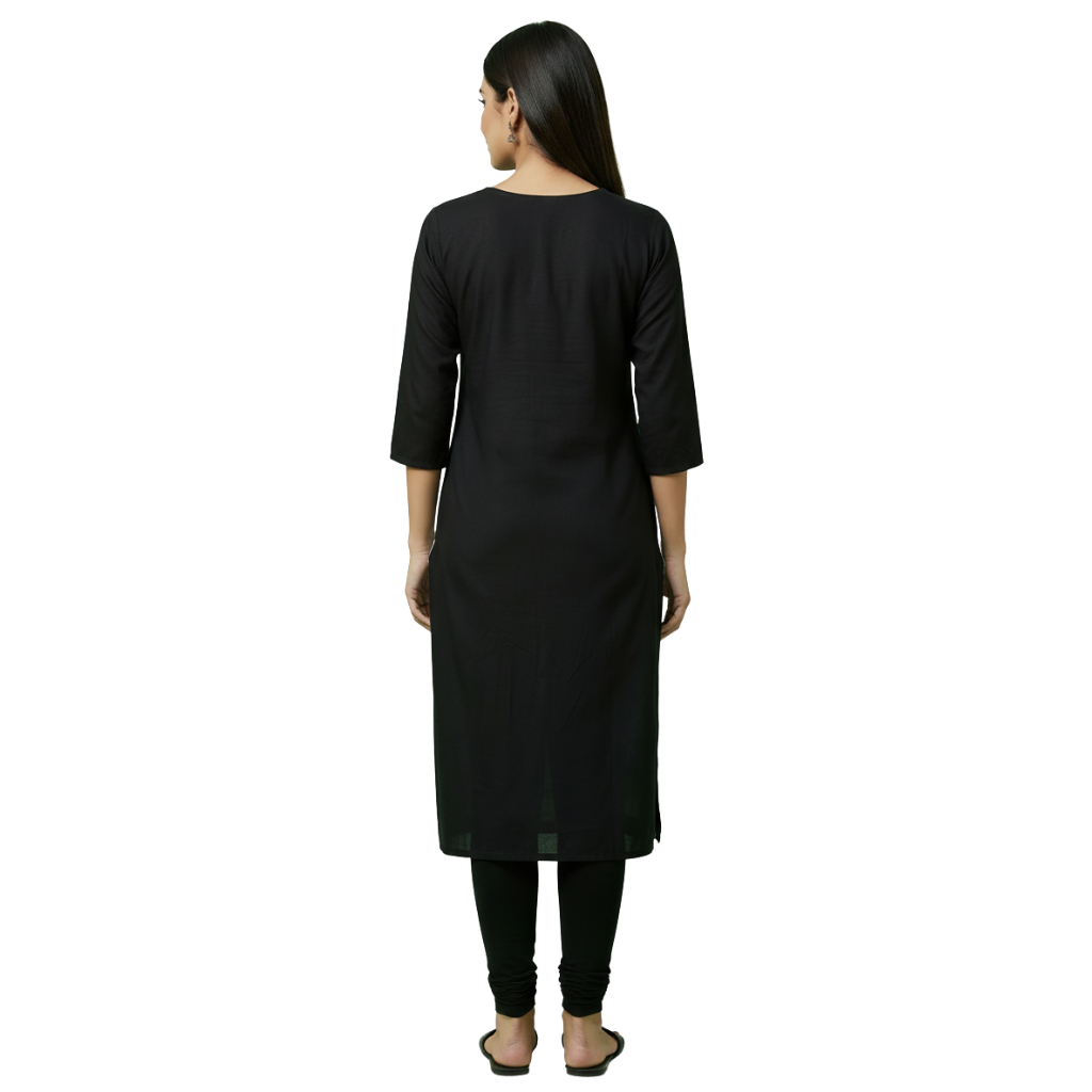 MOON FLY WOMEN CREPE PRINTED STRAIGHT KURTI | ROUND NECK | 3/4 SLEEVES | KNEE LENGTH | CASUAL OFFICE WEAR KURTI FOR WOMEN | LIGHT BLUE AND BLACK ARTICLE NO WSKD3C1