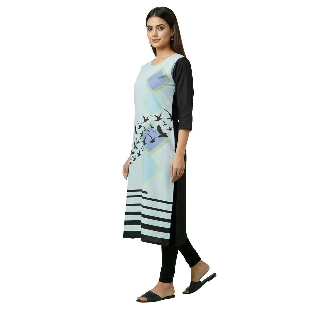 MOON FLY WOMEN CREPE PRINTED STRAIGHT KURTI | ROUND NECK | 3/4 SLEEVES | KNEE LENGTH | CASUAL OFFICE WEAR KURTI FOR WOMEN | LIGHT BLUE AND BLACK ARTICLE NO WSKD3C1