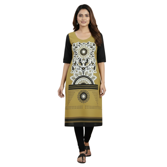 MOON FLY WOMEN CREPE PRINTED STRAIGHT KURTI | ROUND NECK | THREE-FOURTH SLEEVES | CASUAL DAILY WEAR ETHNIC KURTA ARTICLE NO WSKD6C1