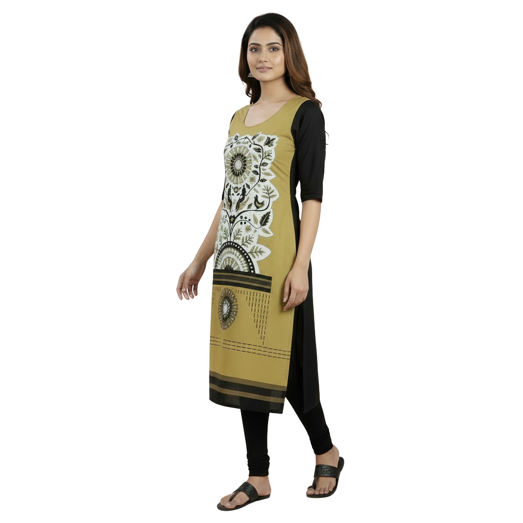 MOON FLY WOMEN CREPE PRINTED STRAIGHT KURTI | ROUND NECK | THREE-FOURTH SLEEVES | CASUAL DAILY WEAR ETHNIC KURTA ARTICLE NO WSKD6C1
