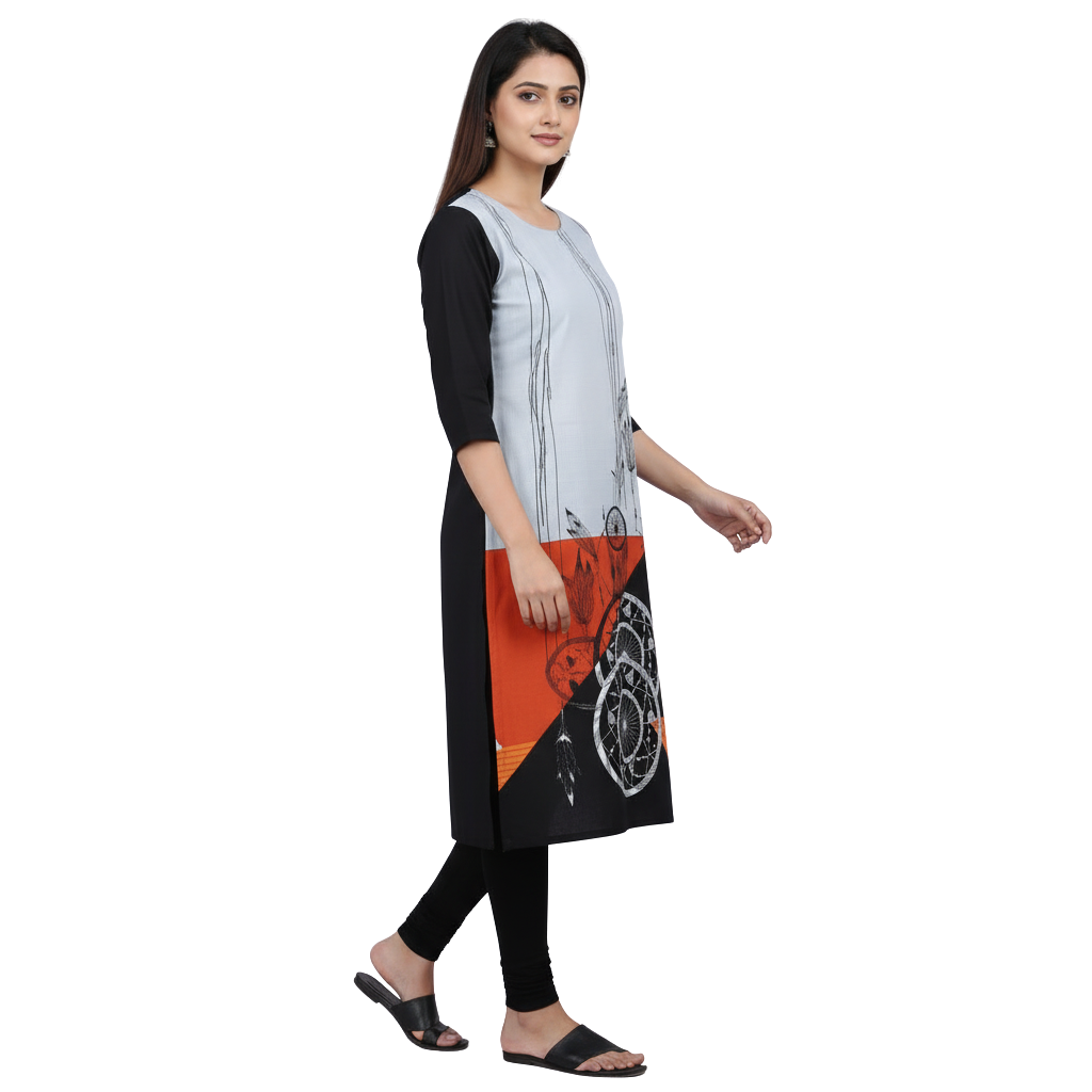 MOON FLY WOMEN’S CREPE PRINTED STRAIGHT KURTI | 3/4TH SLEEVES | ROUND NECK | CASUAL OFFICE DAILY WEAR KURTI | GREY BLACK ORANGE ARICLE NO WSKD2C1