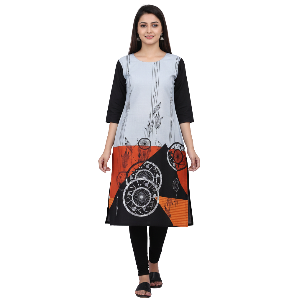 MOON FLY WOMEN’S CREPE PRINTED STRAIGHT KURTI | 3/4TH SLEEVES | ROUND NECK | CASUAL OFFICE DAILY WEAR KURTI | GREY BLACK ORANGE ARICLE NO WSKD2C1