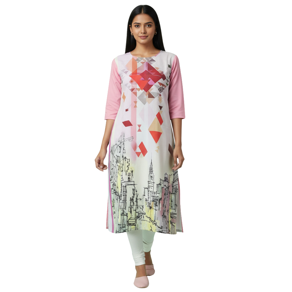 MOON FLY WOMEN'S STRAIGHT PRINTED KURTI | GEOMETRIC AND CITYSCAPE DIGITAL PRINT | ROUND NECK 3/4 SLEEVE CASUAL KURTI ARTICLE NO WSKD1C1