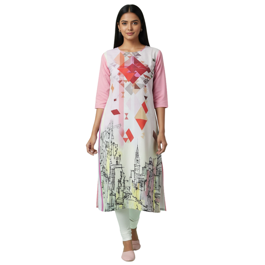 MOON FLY WOMEN'S STRAIGHT PRINTED KURTI | GEOMETRIC AND CITYSCAPE DIGITAL PRINT | ROUND NECK 3/4 SLEEVE CASUAL KURTI ARTICLE NO WSKD1C1