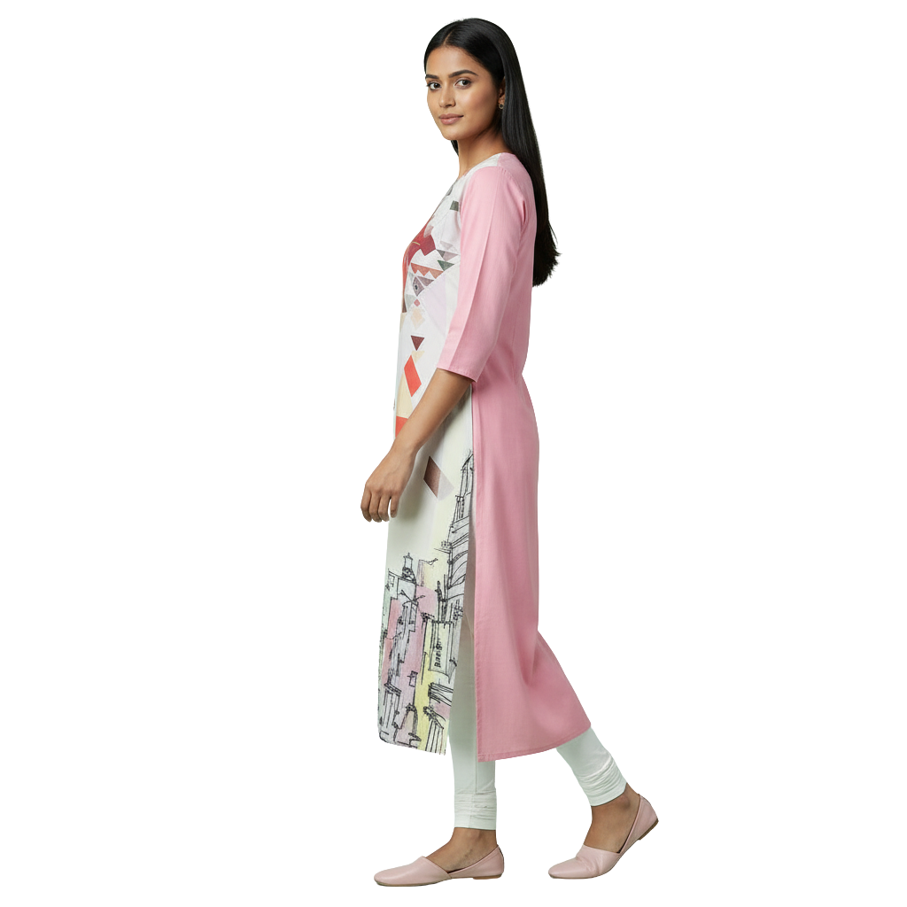 MOON FLY WOMEN'S STRAIGHT PRINTED KURTI | GEOMETRIC AND CITYSCAPE DIGITAL PRINT | ROUND NECK 3/4 SLEEVE CASUAL KURTI ARTICLE NO WSKD1C1