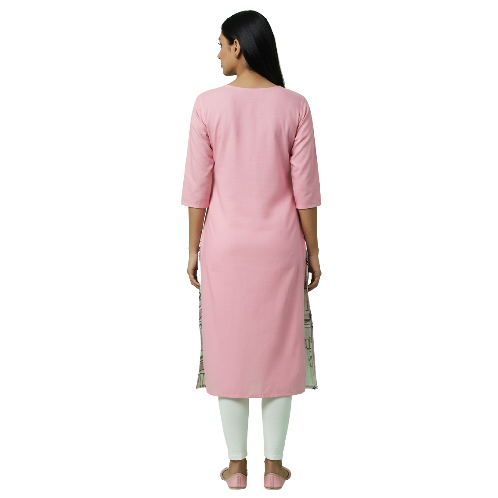 MOON FLY WOMEN'S STRAIGHT PRINTED KURTI | GEOMETRIC AND CITYSCAPE DIGITAL PRINT | ROUND NECK 3/4 SLEEVE CASUAL KURTI ARTICLE NO WSKD1C1