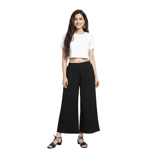 MOON FLY Women Rayon Black Solid Palazzo | Comfortable Wide Leg Palazzo Pants for Daily Wear & Casual Outings