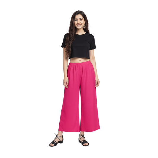 MOON FLY Women Rayon Hot Pink Solid Palazzo | Comfortable Wide Leg Palazzo Pants for Daily Wear & Casual Outings