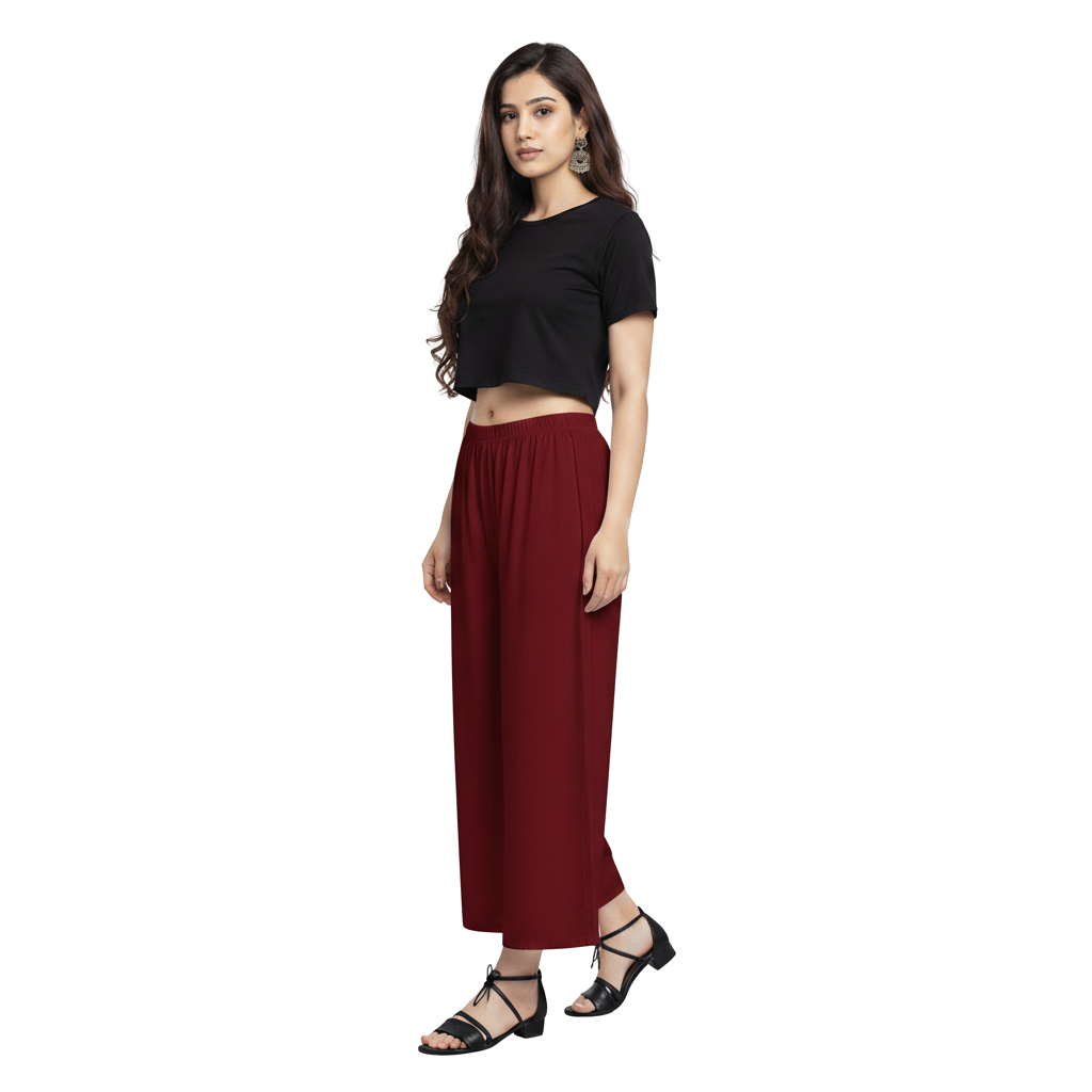 MOON FLY Women Rayon Maroon Solid Palazzo | Comfortable Wide Leg Palazzo Pants for Daily Wear & Casual Outings