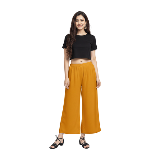 MOON FLY Women Rayon Mustard Solid Palazzo | Comfortable Wide Leg Palazzo Pants for Daily Wear & Casual Outings