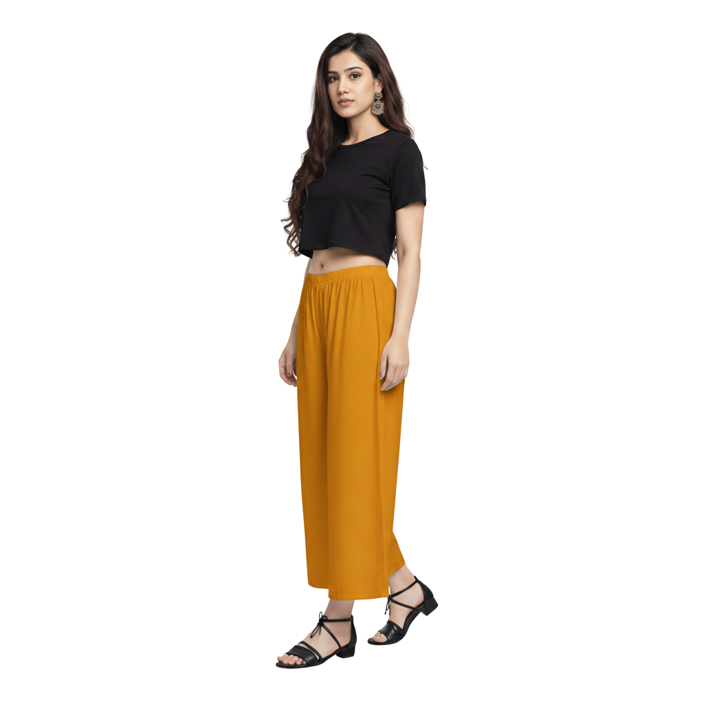 MOON FLY Women Rayon Mustard Solid Palazzo | Comfortable Wide Leg Palazzo Pants for Daily Wear & Casual Outings