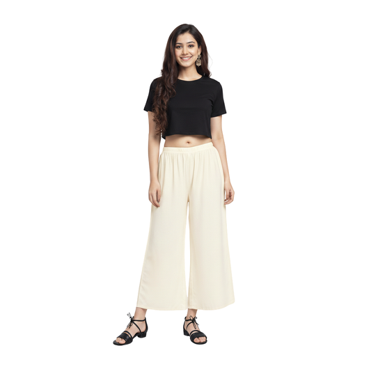 MOON FLY Women Rayon Off White Solid Palazzo | Comfortable Wide Leg Palazzo Pants for Daily Wear & Casual Outings