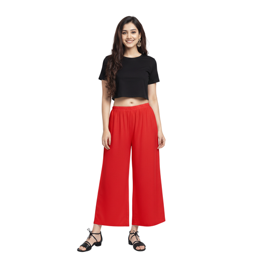 MOON FLY Women Rayon Red Solid Palazzo | Comfortable Wide Leg Palazzo Pants for Daily Wear & Casual Outings