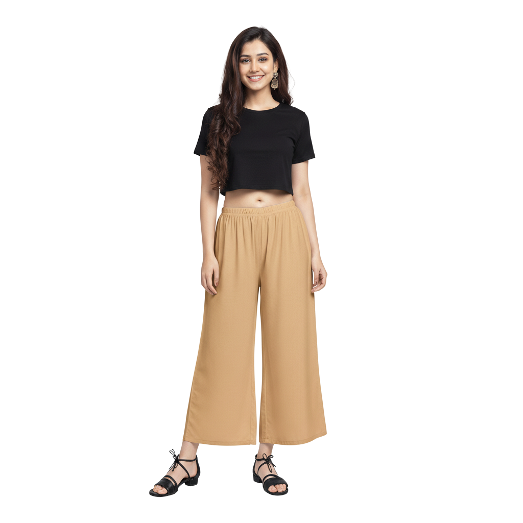 MOON FLY Women Rayon Tan Solid Palazzo | Comfortable Wide Leg Palazzo Pants for Daily Wear & Casual Outings