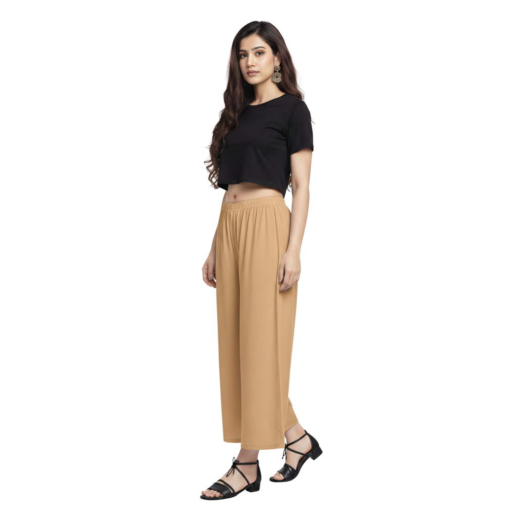 MOON FLY Women Rayon Tan Solid Palazzo | Comfortable Wide Leg Palazzo Pants for Daily Wear & Casual Outings