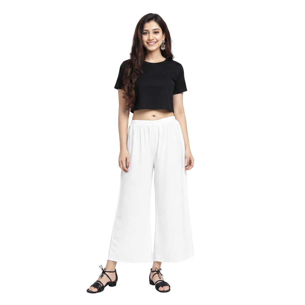 MOON FLY Women Rayon White Solid Palazzo | Comfortable Wide Leg Palazzo Pants for Daily Wear & Casual Outings