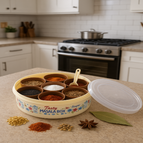 WELLMORA Round Spices Storage Containers Masala Dani - Airtight Plastic Organizer with 7 Seperate Compartments and 7 Spoons, Easy Refill, Kitchen Decorative Namak Dani, Multicolor (Pack of 1)  ARTICLE NO HKWMCRBMD8M