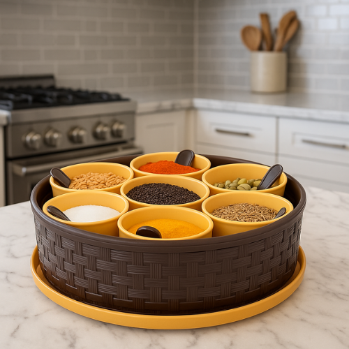 WELLMORA Round Spices Storage Containers Masala Dani - Airtight Plastic Organizer with 7 Seperate Compartments and 7 Spoons, Easy Refill, Kitchen Decorative Namak Dani, Multicolor (Pack of 1)  ARTICLE NO HKWMCRBMD6M