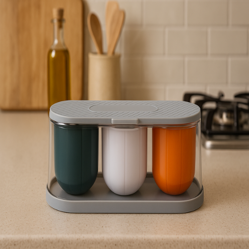 WELLMORA Kitchen 3 Grid Seasoning Spice Box Kit with Spoon - Achar masala Kitchen Masala Storage Box Container Seasoning Organizers For Storing Spices Salt Multi Color ARTICLE NO HKSPCWD5M