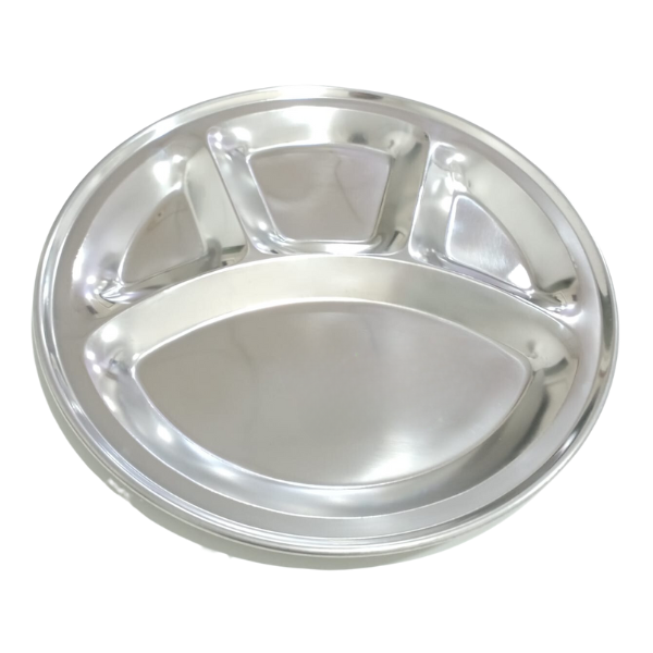WELLMORA Stainless Steel 4 in 1 Pav Bhaji Plate Set 4 Section Mess Tray Bhojan Thali 4 Compartment Round Full Size Plates for Lunch and Dinner 12 Inch Diameter (Pack of 4) ARTICLE NO HKSSBPTID1M