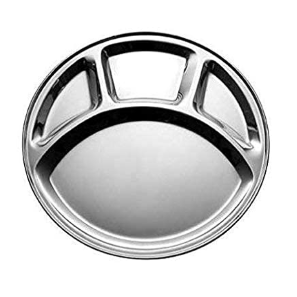 WELLMORA Stainless Steel 4 in 1 Pav Bhaji Plate Set 4 Section Mess Tray Bhojan Thali 4 Compartment Round Full Size Plates for Lunch and Dinner 12 Inch Diameter (Pack of 4) ARTICLE NO HKSSBPTID1M