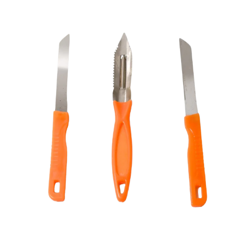 AIROTRON STAINLESS STEEL KITCHEN KNIFE SET OF 2 WITH FREE PEELER FOR FRUITS AND VEGETABLE CHOPPING / CUTTING / PEELING / VEGETABLE PEELER / PLAIN KNIFE.SHARP STAINLESS STEEL STRAIGHT EDGE AND WAVY EDGE KNIVES. ARTICLE NO HKTCPD3M