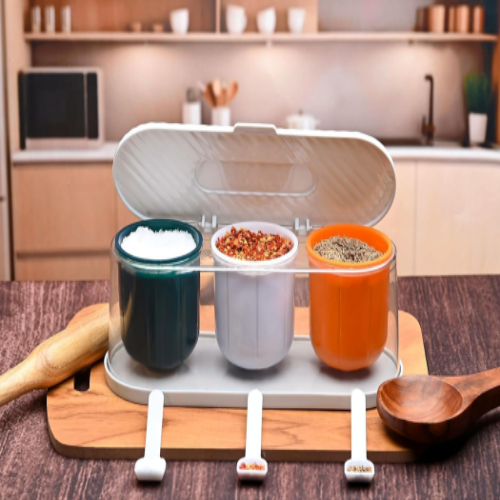 WELLMORA Kitchen 3 Grid Seasoning Spice Box Kit with Spoon - Achar masala Kitchen Masala Storage Box Container Seasoning Organizers For Storing Spices Salt Multi Color ARTICLE NO HKSPCWD5M
