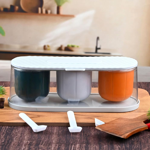 WELLMORA Kitchen 3 Grid Seasoning Spice Box Kit with Spoon - Achar masala Kitchen Masala Storage Box Container Seasoning Organizers For Storing Spices Salt Multi Color ARTICLE NO HKSPCWD5M