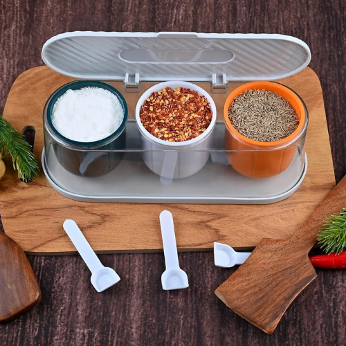 WELLMORA Kitchen 3 Grid Seasoning Spice Box Kit with Spoon - Achar masala Kitchen Masala Storage Box Container Seasoning Organizers For Storing Spices Salt Multi Color ARTICLE NO HKSPCWD5M