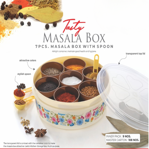 WELLMORA Round Spices Storage Containers Masala Dani - Airtight Plastic Organizer with 7 Seperate Compartments and 7 Spoons, Easy Refill, Kitchen Decorative Namak Dani, Multicolor (Pack of 1)  ARTICLE NO HKWMCRBMD8M