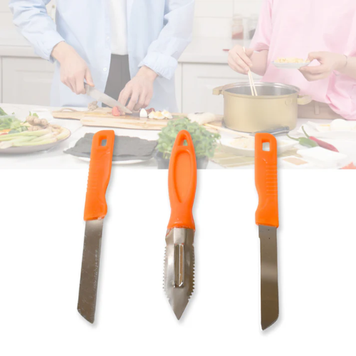 AIROTRON STAINLESS STEEL KITCHEN KNIFE SET OF 2 WITH FREE PEELER FOR FRUITS AND VEGETABLE CHOPPING / CUTTING / PEELING / VEGETABLE PEELER / PLAIN KNIFE.SHARP STAINLESS STEEL STRAIGHT EDGE AND WAVY EDGE KNIVES. ARTICLE NO HKTCPD3M