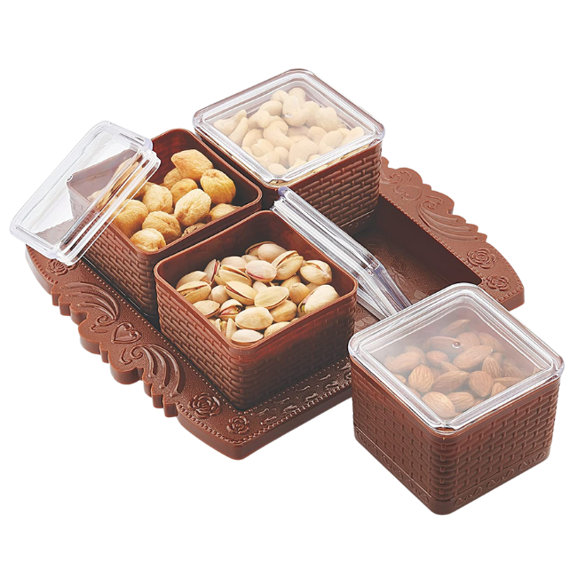 WELLMORA MULTIPURPOSE SERVING SET (4 AIRTIGHT BOWL WITH TRAY SET) DRY FRUIT, CHOCOLATE, MOUTH FRESHENER CONTAINER WITH TRAY SET (PLASTIC, BROWN, BEIGE) ARTICLE NO HKDFTWD2M